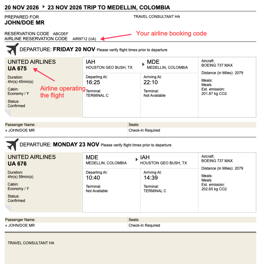 Onward flight reservation document showing passenger details, flight segments and the airline booking code